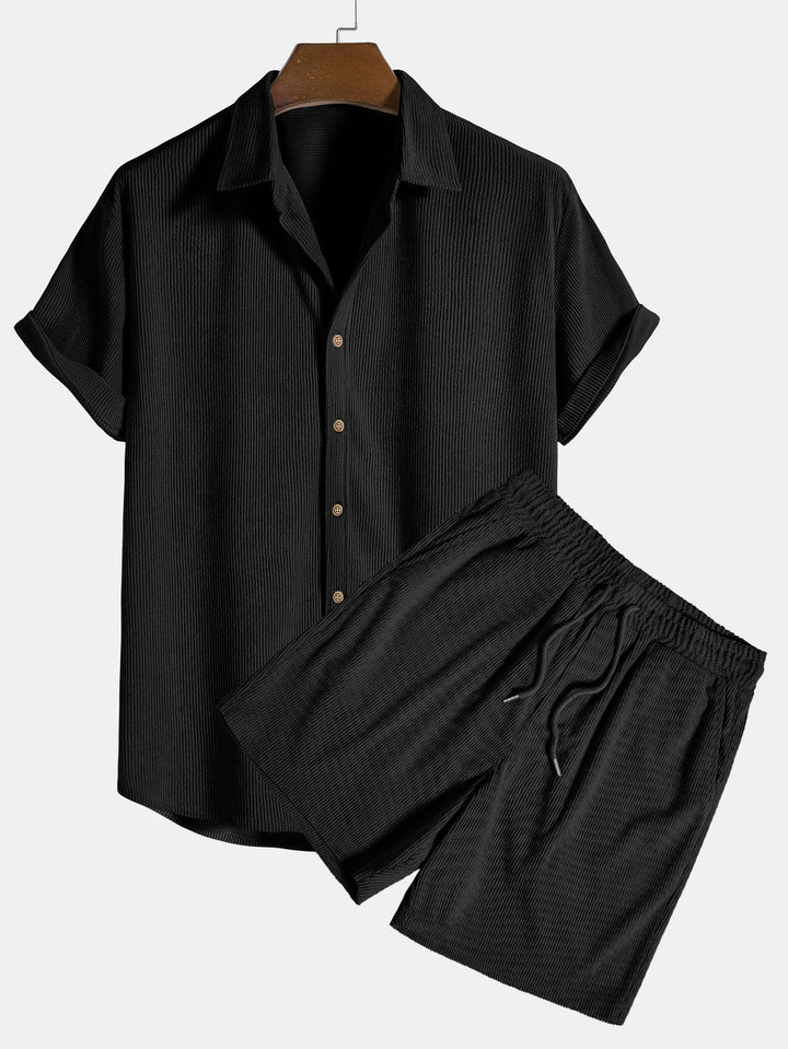 Men's striped summer shirt, part of a casual polyester set. Ideal for warm weather and beach trips.