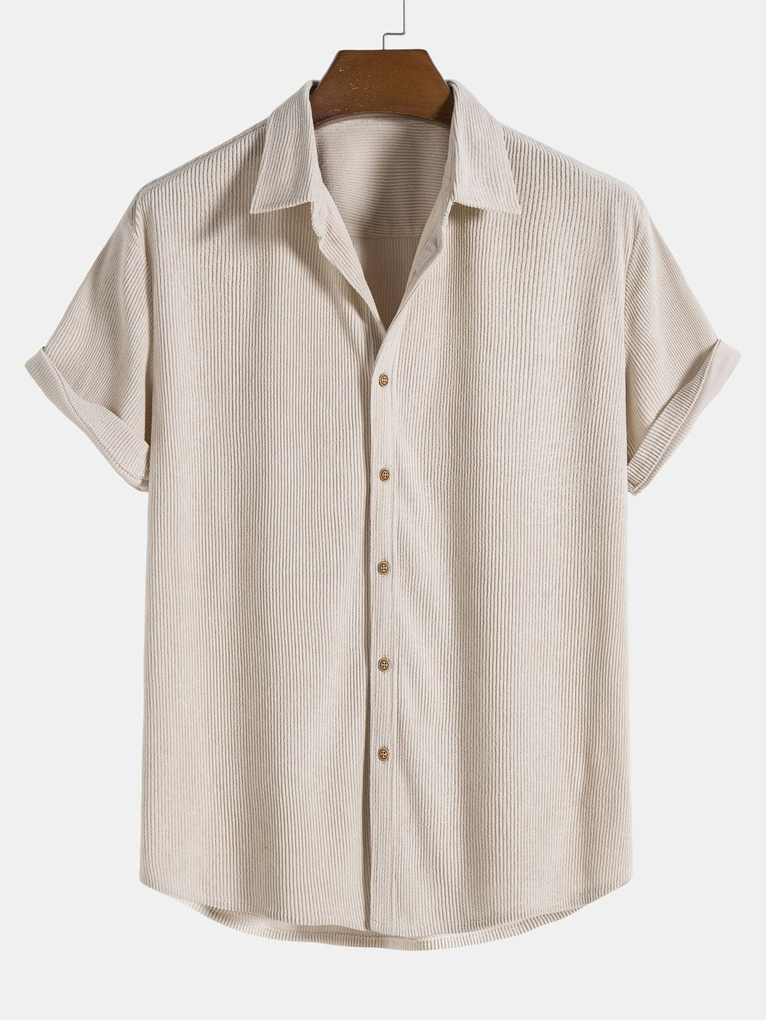 Lightweight men's polyester striped summer set, shirt & shorts, for ultimate warm weather comfort.
