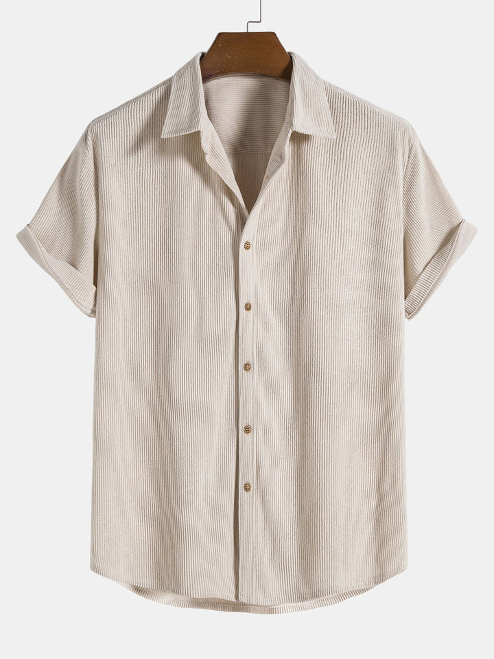 Lightweight men's polyester striped summer set, shirt & shorts, for ultimate warm weather comfort.