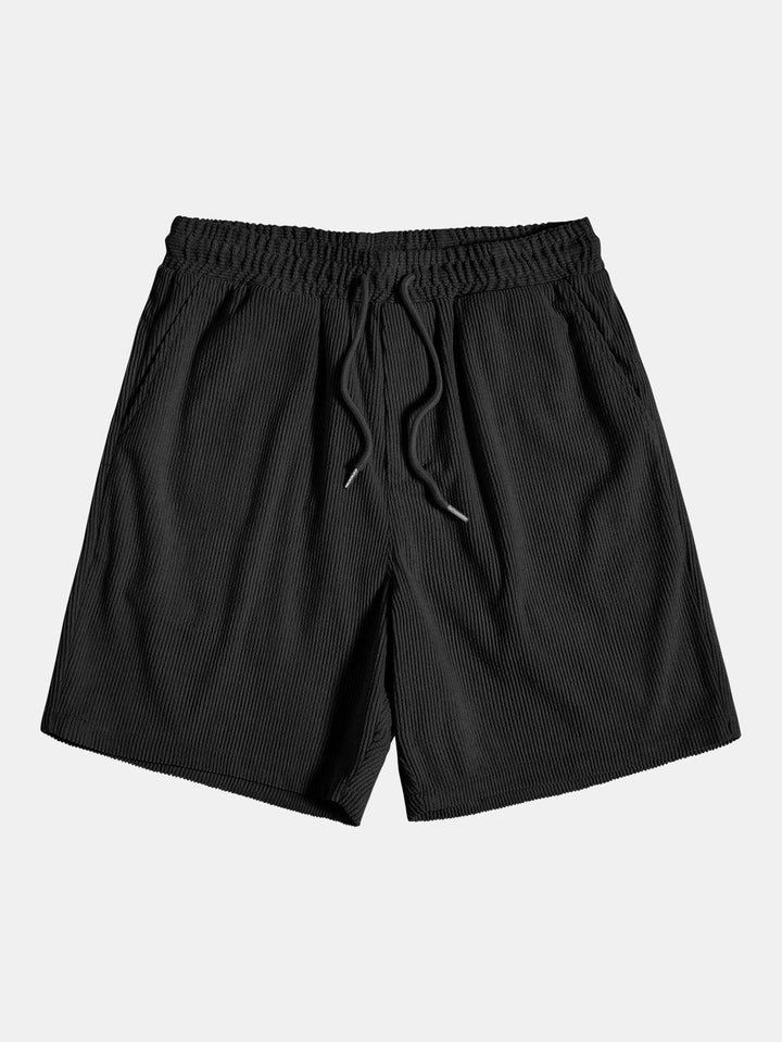 Breathable men's striped summer shirt & shorts set. Polyester casual apparel for warm climates.
