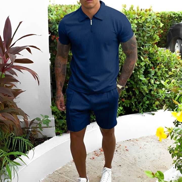 Polo and shorts matching set for men, designed for summer casual outfits and vacation comfort, blue color.