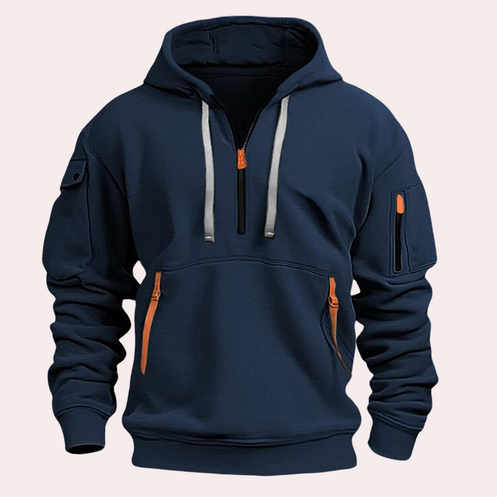 Men's casual Théo zipper hoodies in gray, black, navy & khaki. Stylish, versatile & comfortable everyday wear.