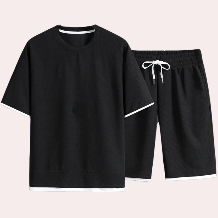 Men's casual two-piece summer outfit set with shirt & shorts, perfect for warm weather fashion.