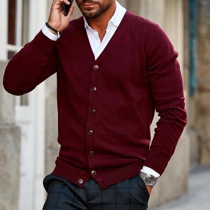 Men's casual V-neck gilet in dark red, perfect for stylish layering & versatile occasions.
