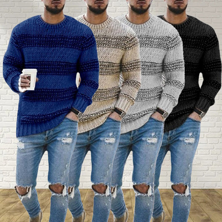 Close-up: Men's Arvid chunky knit Scandinavian sweater texture. Cozy, warm pullover, ideal for fall & winter apparel.