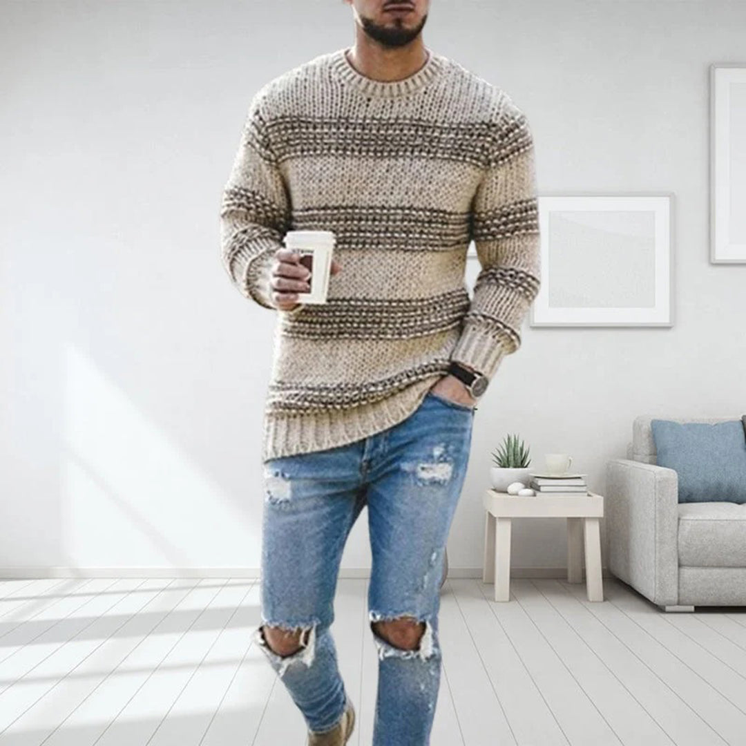 Men's chunky knit Scandinavian sweater, perfect for warm winter comfort and style.