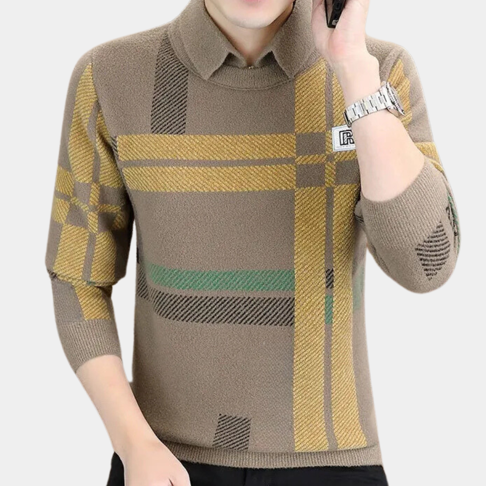 Khaki men's classic knit sweater, a versatile long-sleeve pullover for everyday comfort & men's fashion.