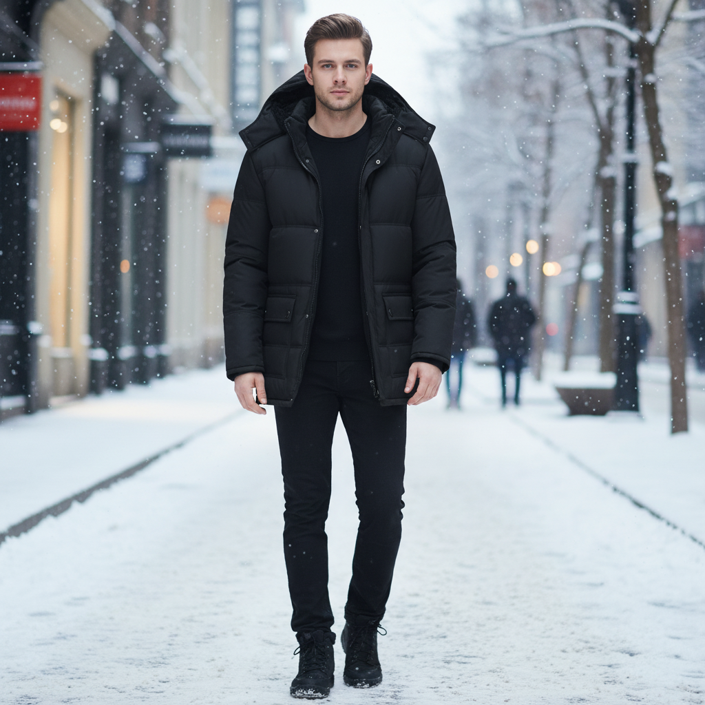 Men's classic black padded winter coat, ideal for cold weather, front view, Michael style