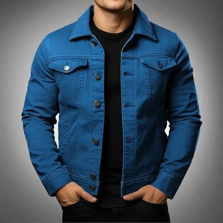 Close-up of men's denim jacket buttons & fabric texture, highlighting rugged quality & casual fashion.
