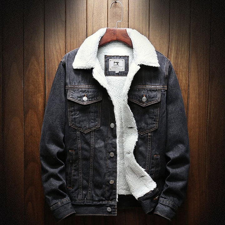 Men's classic blue denim winter jacket for everyday casual style & warmth. Durable outerwear.