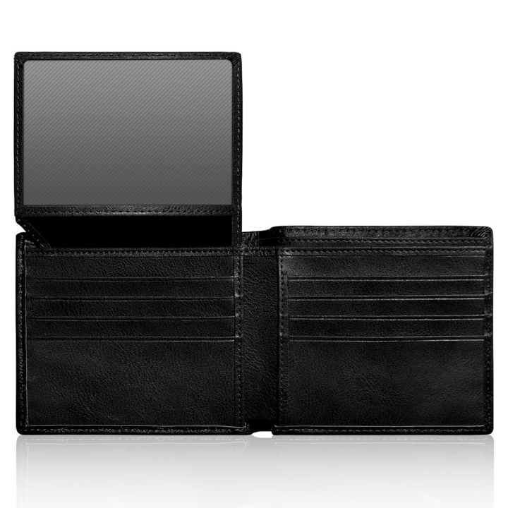 Premium top grain leather men's wallet in dark brown, bifold design with secure RFID protection