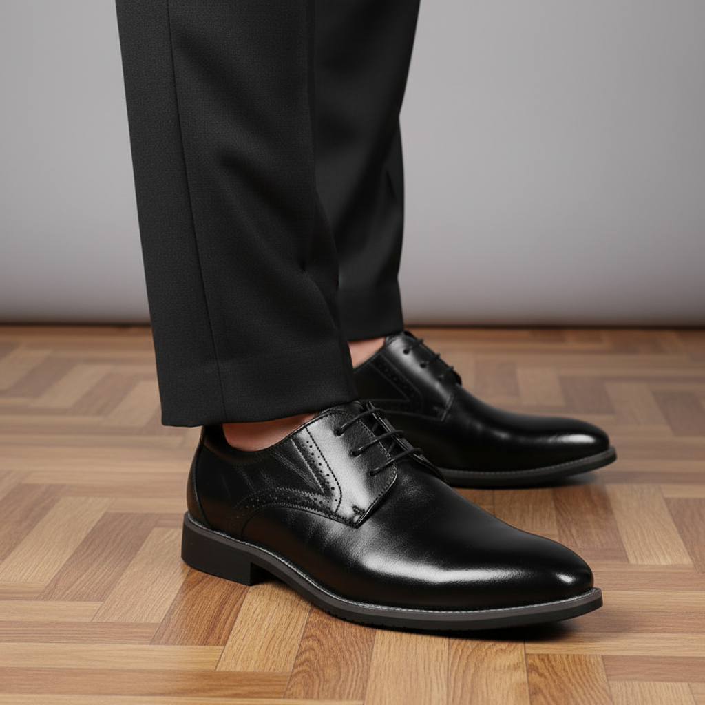 Men's classic brown leather brogue dress shoes with intricate detailing, lace-up style