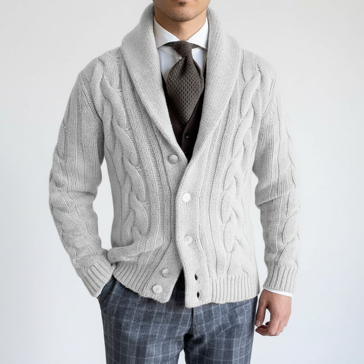 Side view of sleeveless men's cable knit vest, showcasing its warm and versatile design