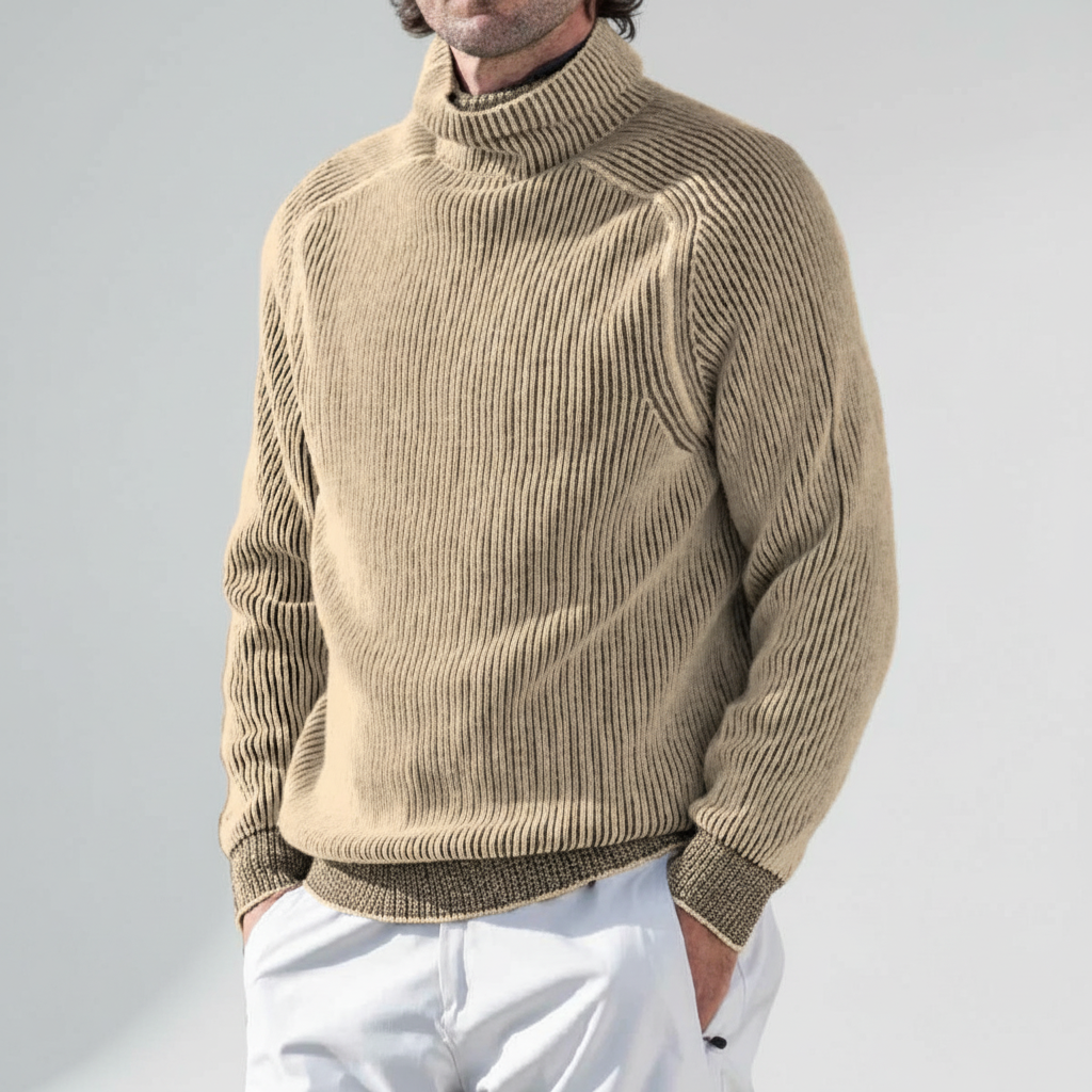 Back view of a classic men's ribbed knitwear turtleneck sweater, emphasizing the relaxed fit and warmth