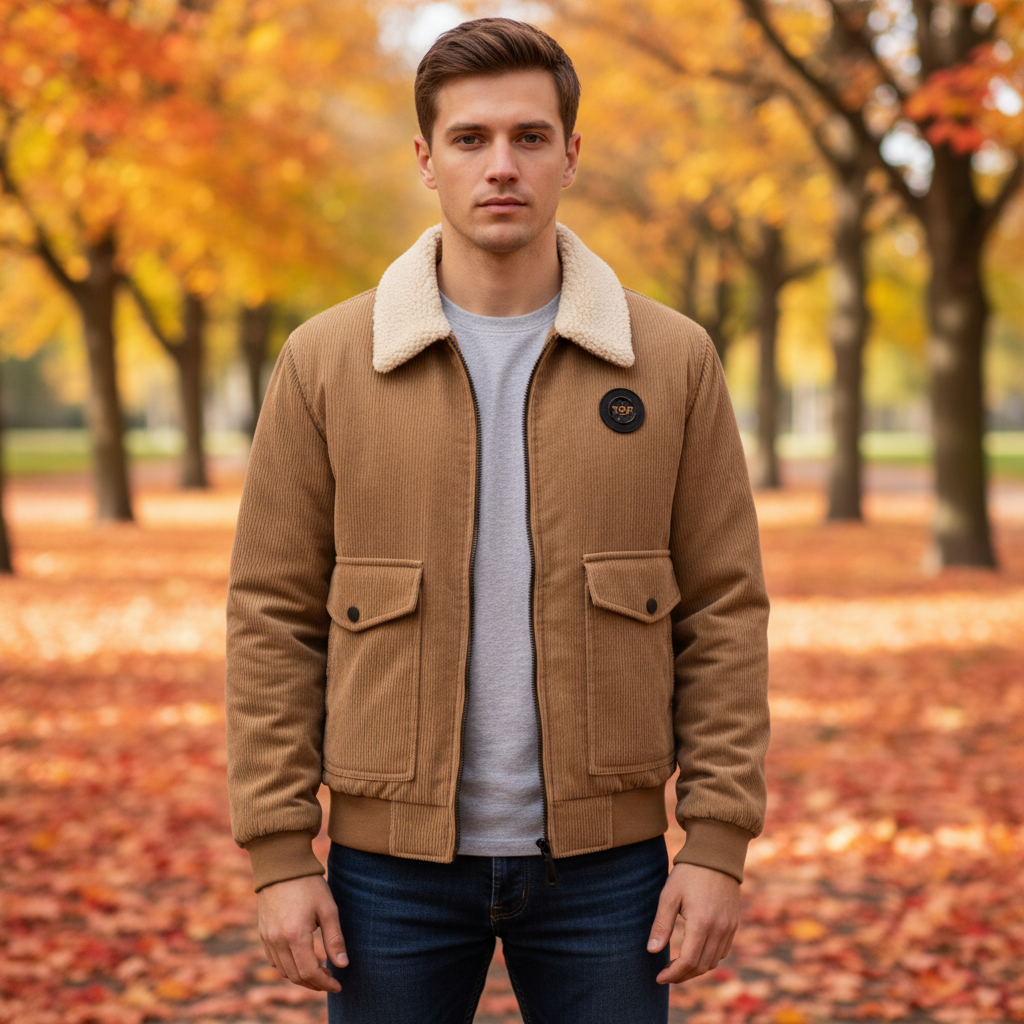 Men's classic corduroy fleece-lined autumn jacket, dark brown, for warmth and casual wear