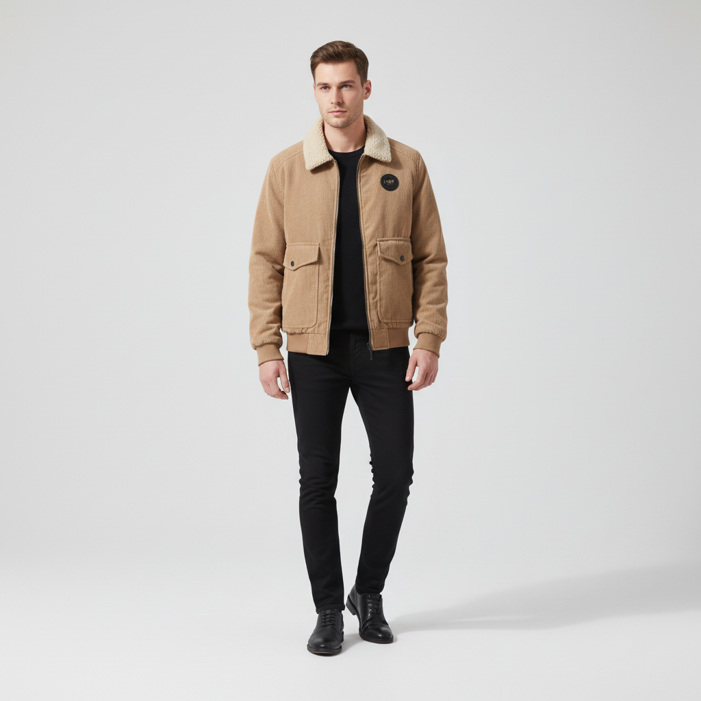 Autumn essential: Men's fleece-lined corduroy jacket in a rich brown hue, versatile outerwear