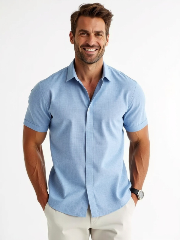 Casual men's button-up shirt, short sleeve, white, breathable summer clothing