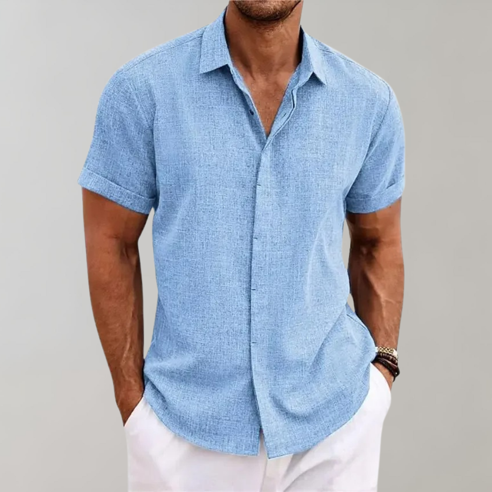 Classic fit men's button-up shirt, short sleeve, in a vibrant summer color