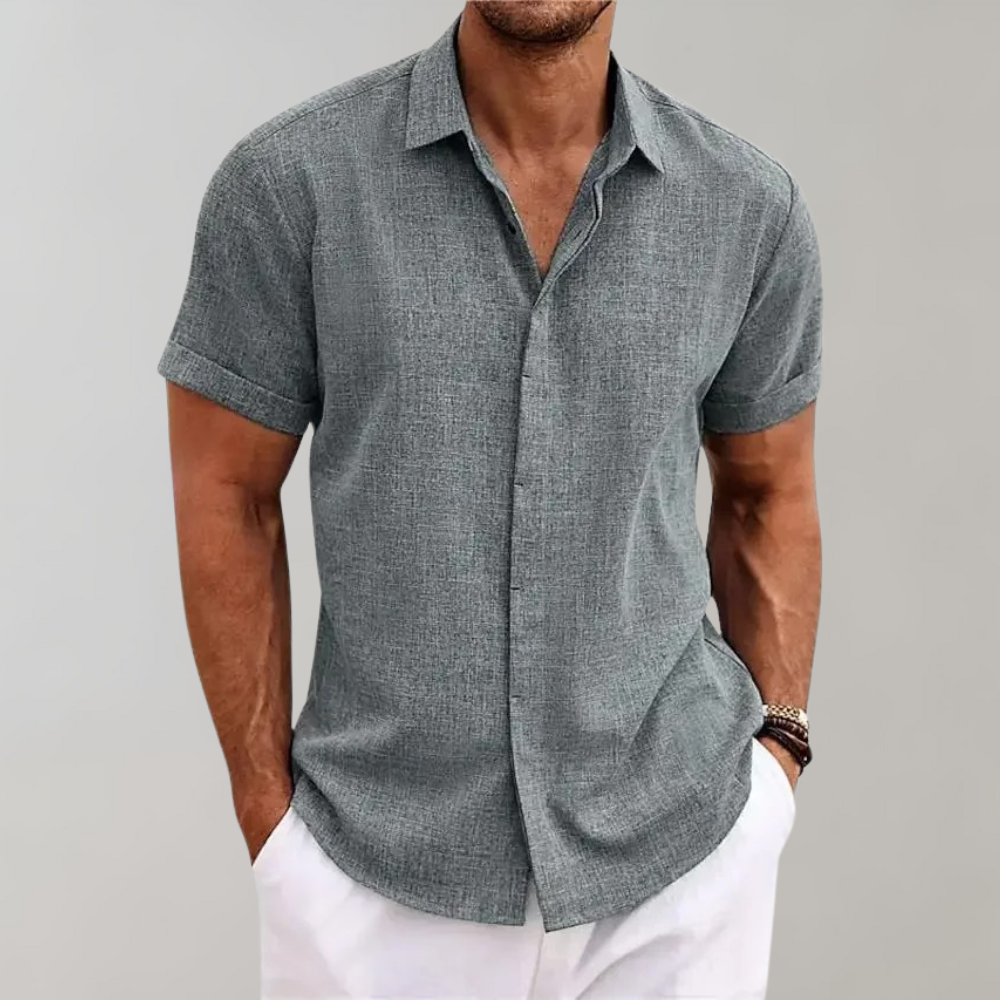 Stylish men's casual button-up shirt, short sleeve, featuring a modern design