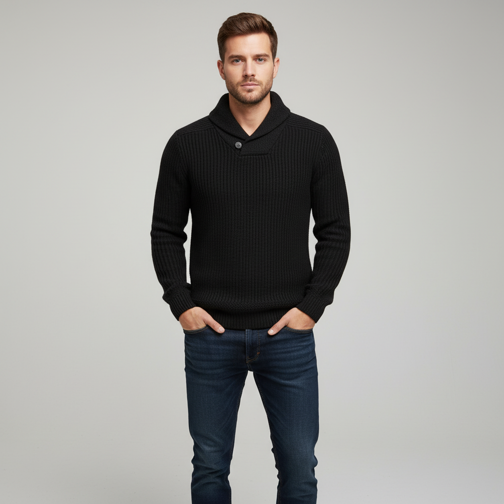 Men's classic knit sweater shown on a model, highlighting its relaxed fit and casual style.
