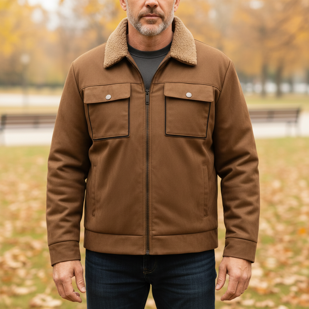 Men's classic lapel collar winter jacket, warm fleece lined, windproof polyester outerwear in black