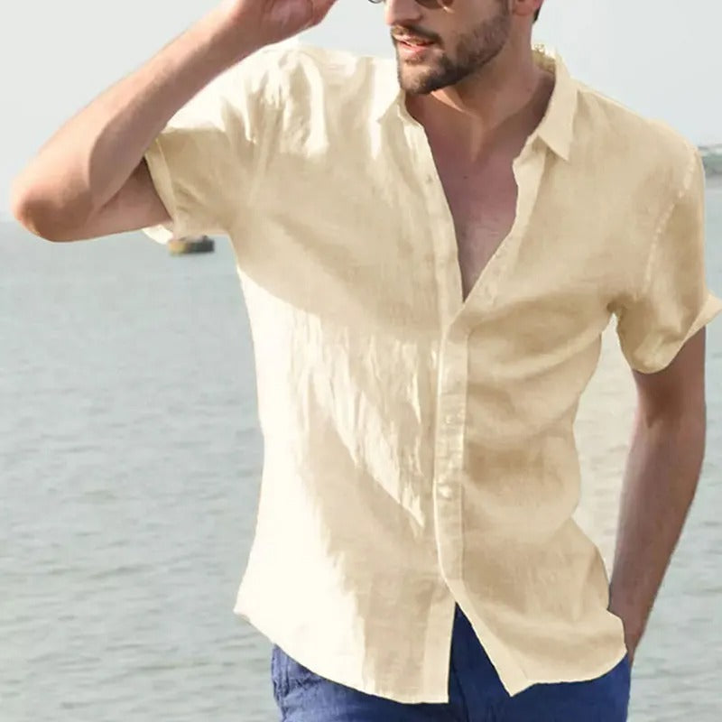 Men's classic linen short sleeve shirt for effortless summer style & comfort. Perfect casual button-down.