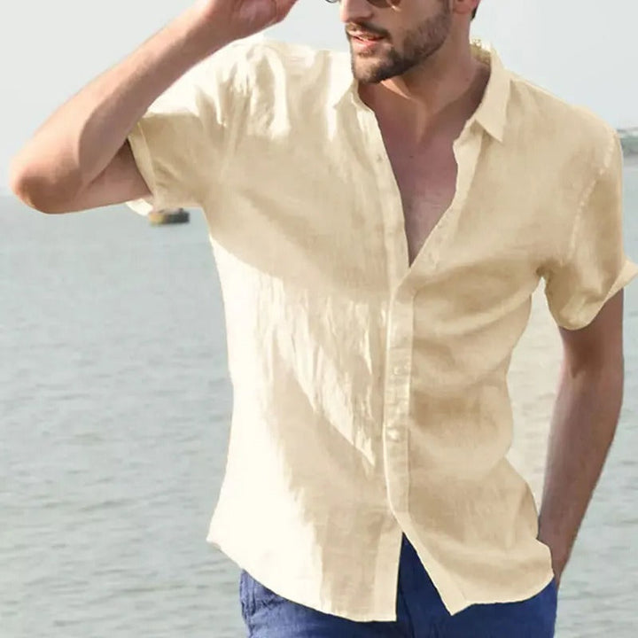 Men's classic linen short sleeve shirt for effortless summer style & comfort. Perfect casual button-down.