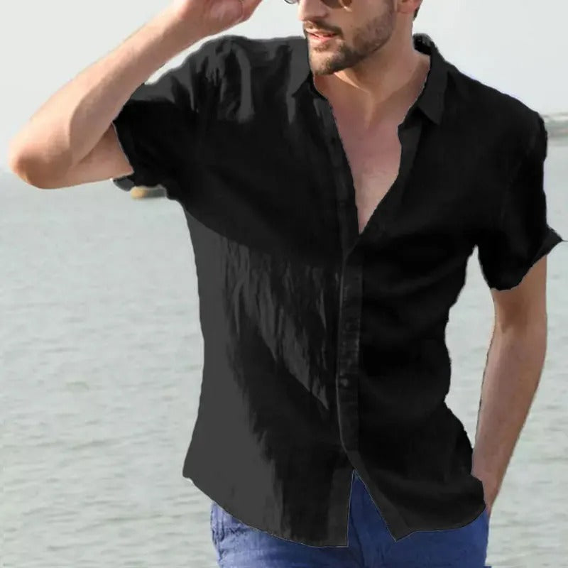 Stylish men's button-down linen short sleeve shirt. Effortless comfort fit for summer casual fashion.