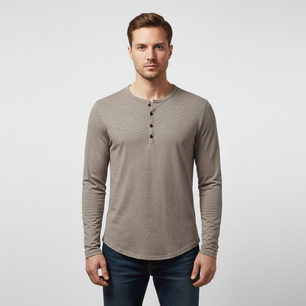 Basic men's Theo Henley top with long sleeves, great for layering in fall and winter.
