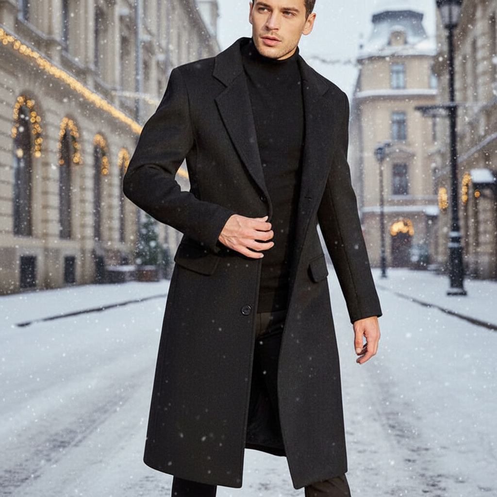 Men's classic long wool blend winter coat in elegant black, perfect for cold weather menswear.