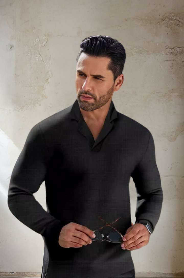 Comfortable men's smart casual polo sweater, ideal for versatile wear and timeless men's everyday style.