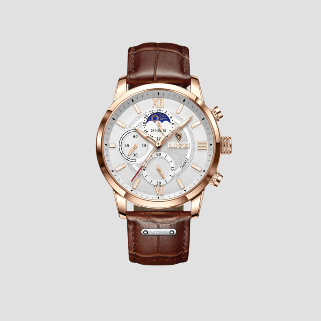 Men's classic quartz watch with black leather strap and silver case, elegant timepiece