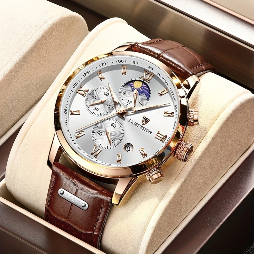 Close-up of a men's classic quartz watch, showing detailed dial and genuine leather strap