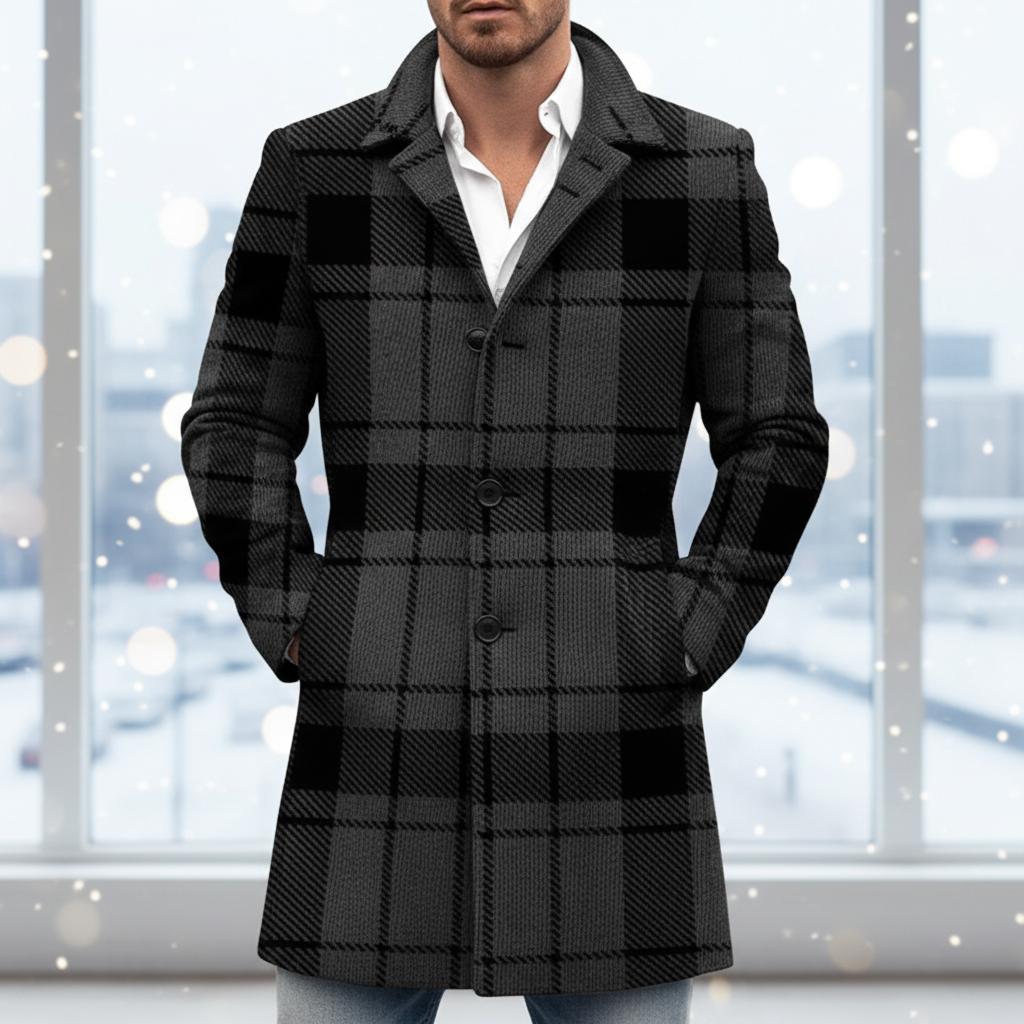 Men's classic red & black checked wool blend coat, warm winter outerwear