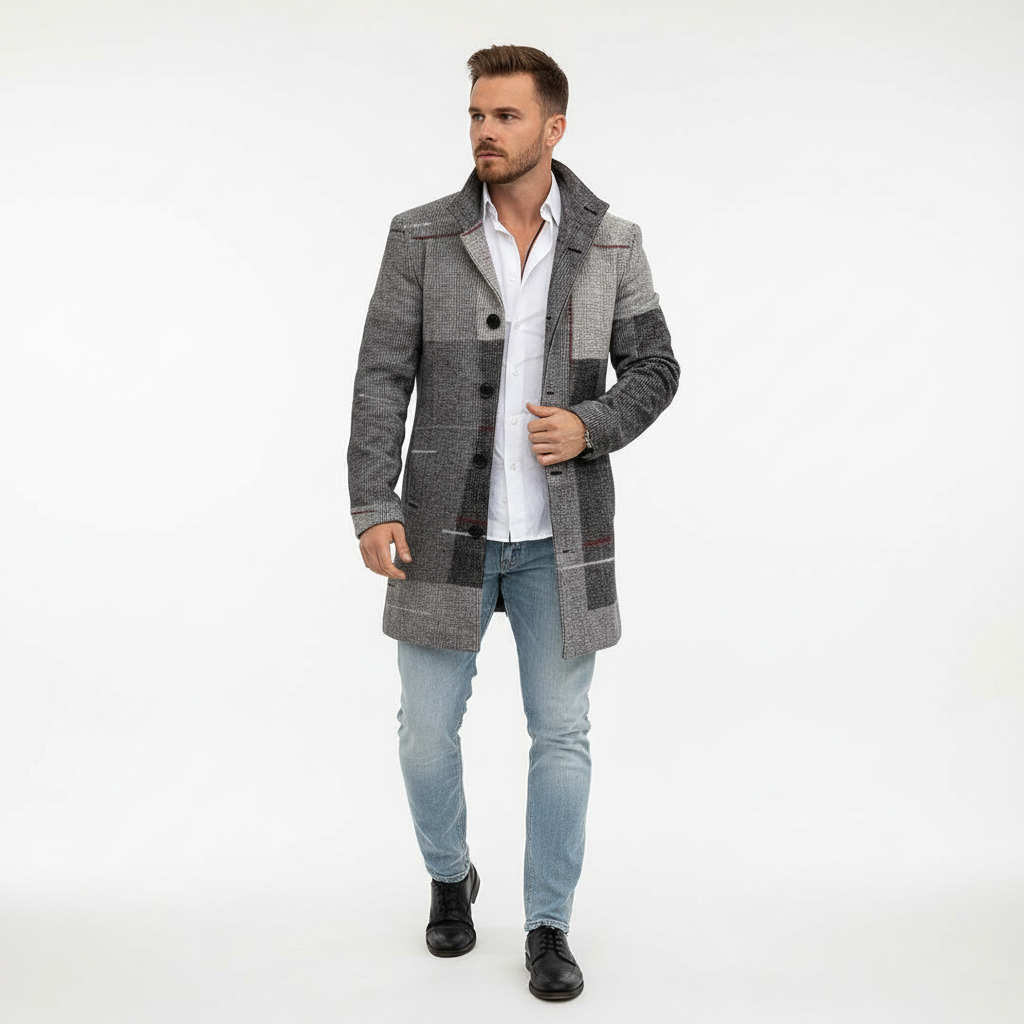 Side profile of a sophisticated men's checked wool blend coat, classic style
