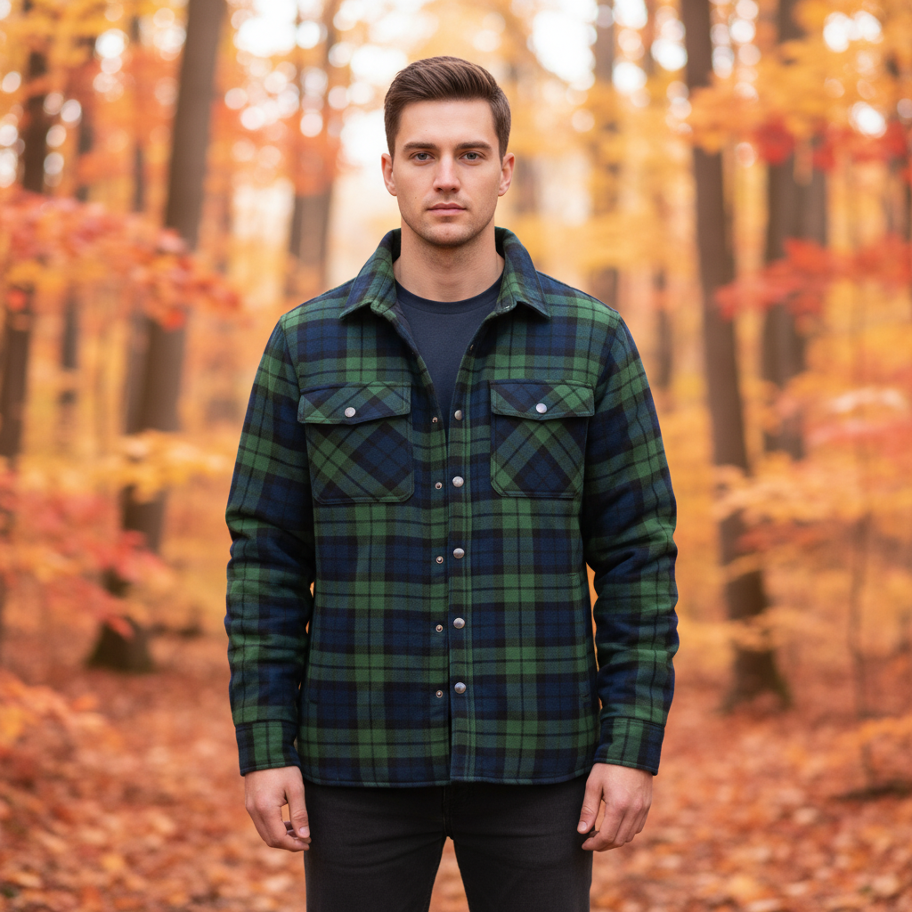 Men's classic red & black plaid flannel jacket, Karl, with quilted lining for warmth, perfect for winter