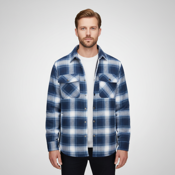 Winter-ready men's jacket, Karl, a warm flannel in a stylish gray and black plaid, ideal for everyday wear