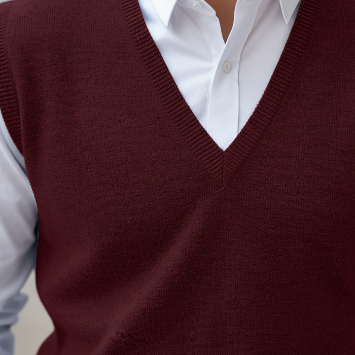 Stylish man wearing a blue sleeveless knitted cotton V-neck vest for a smart-casual look