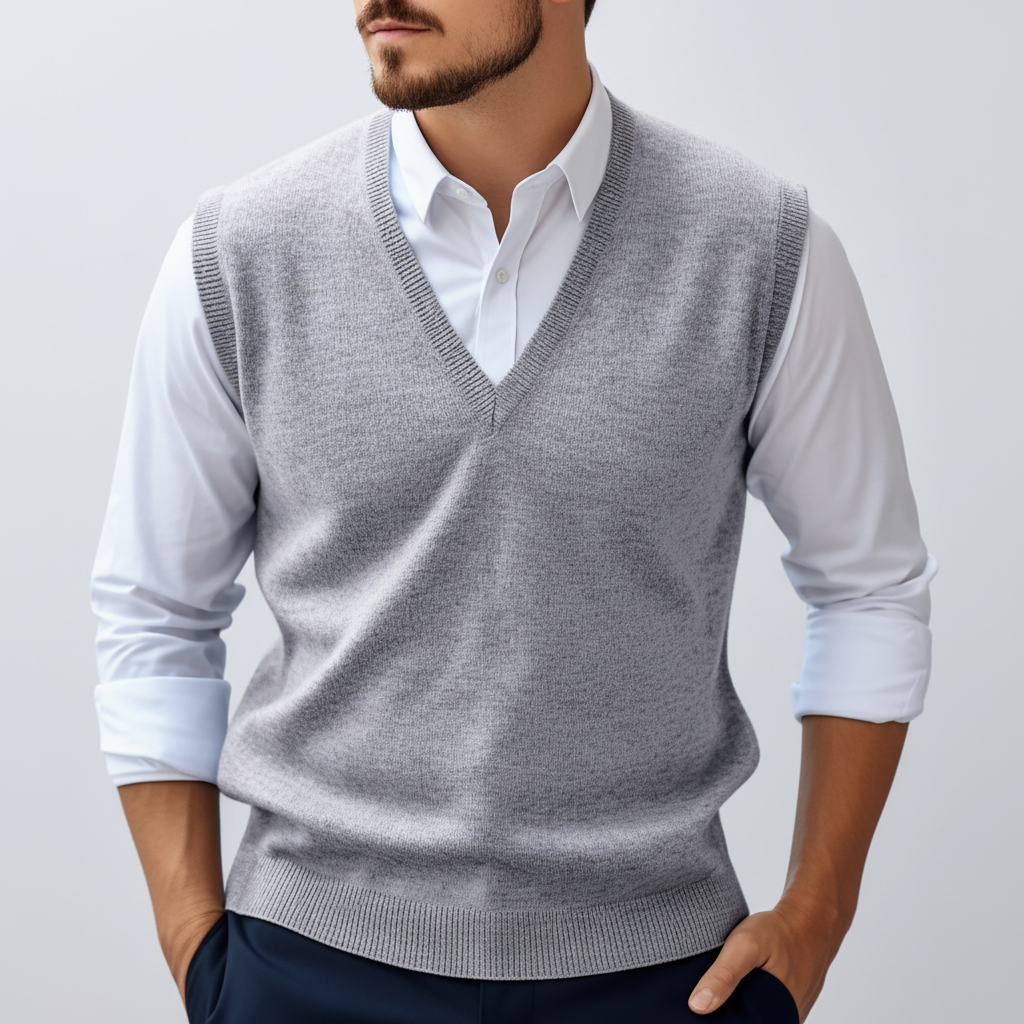 Folded men's knitted cotton V-neck vest, highlighting its versatile and comfortable design