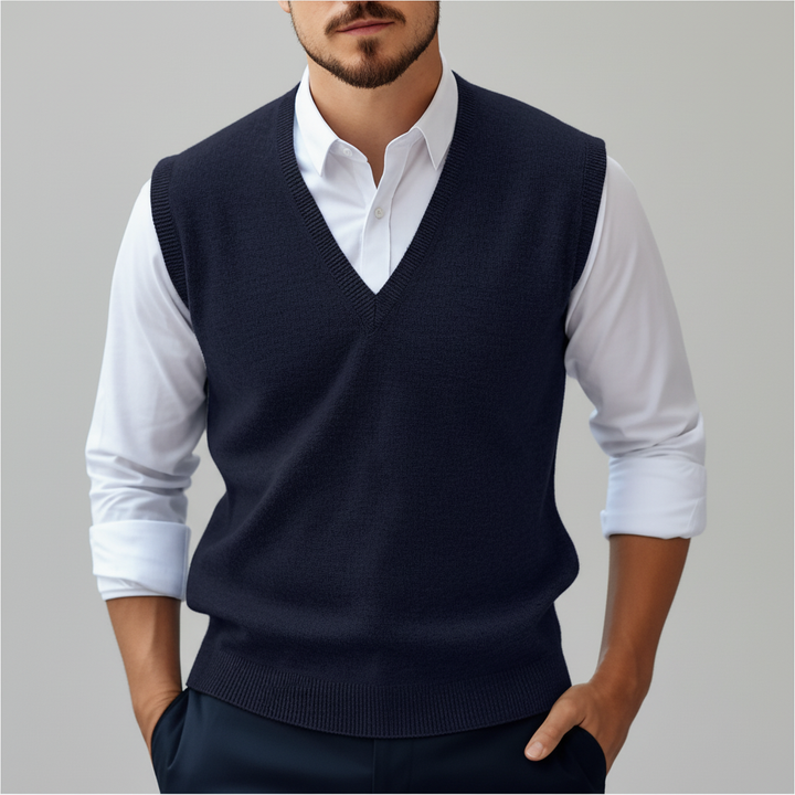 Back view of a plain men's knitted cotton sleeveless vest, essential for menswear layering