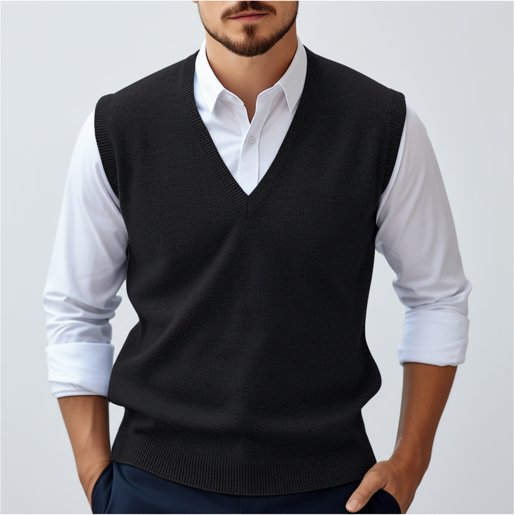 Men's sleeveless knitted cotton vest in a V-neck style, great for adaptable fashion