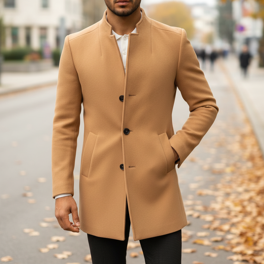 Men's classic slim fit autumn coat in wool blend, front view