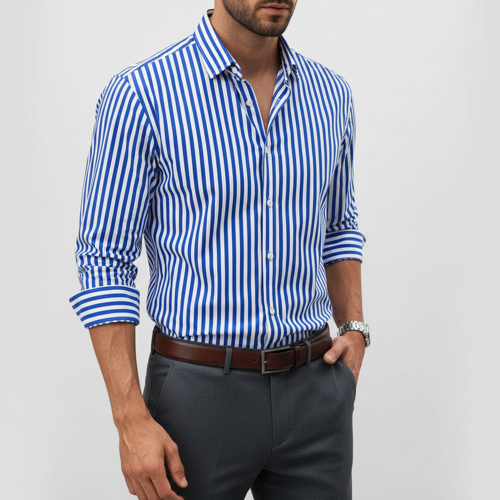 Breathable cotton men's shirt with classic stripes, perfect for any occasion.
