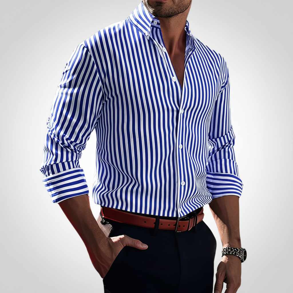Men's long sleeve cotton shirt with classic stripes, versatile for various occasions