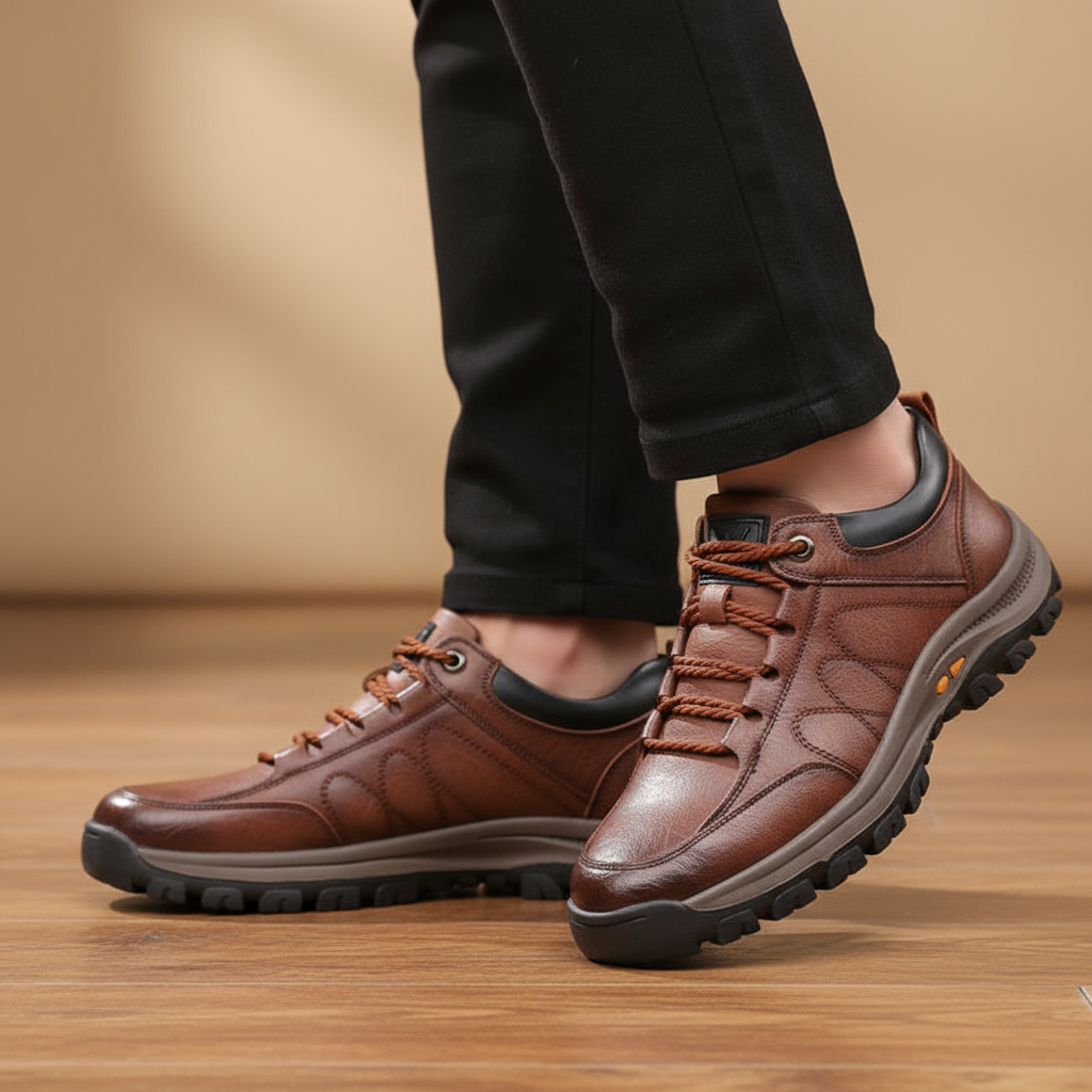 Men's classic tan leather lace-up shoes, perfect for dress or casual wear, featuring orthopedic comfort.