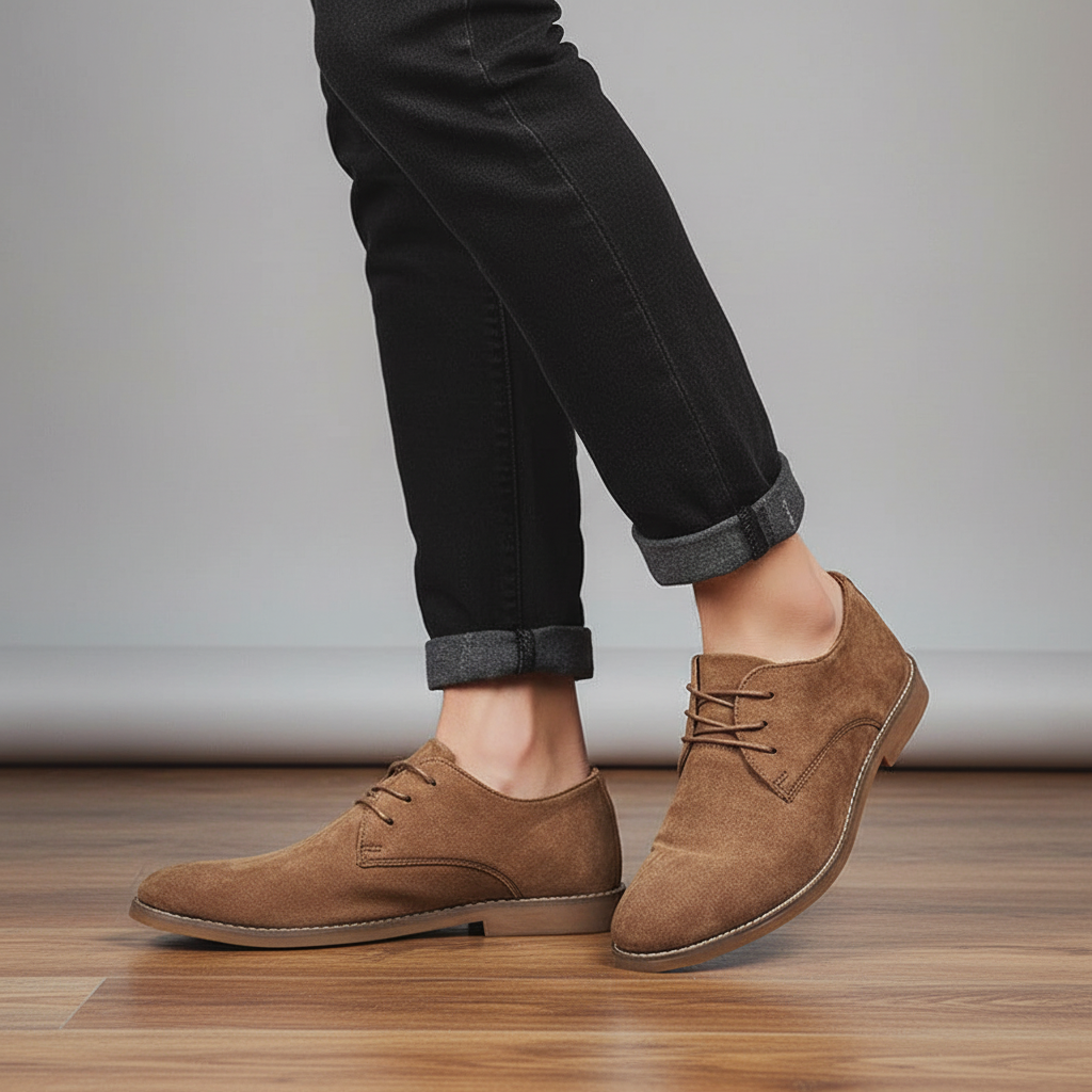 Men's classic tan vegan suede Oxford lace-up dress shoes, perfect for formal occasions.