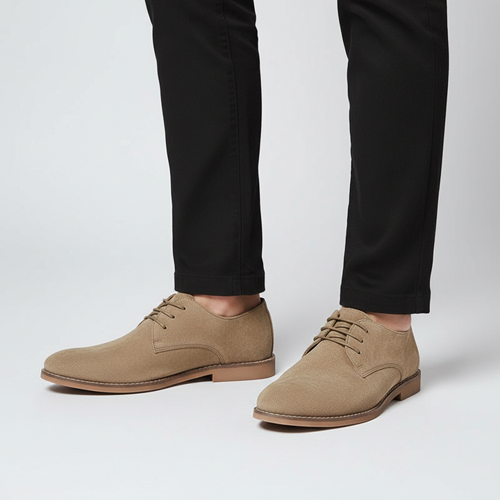 Full view of men's grey vegan suede Oxford lace-up dress shoes, showcasing classic design.