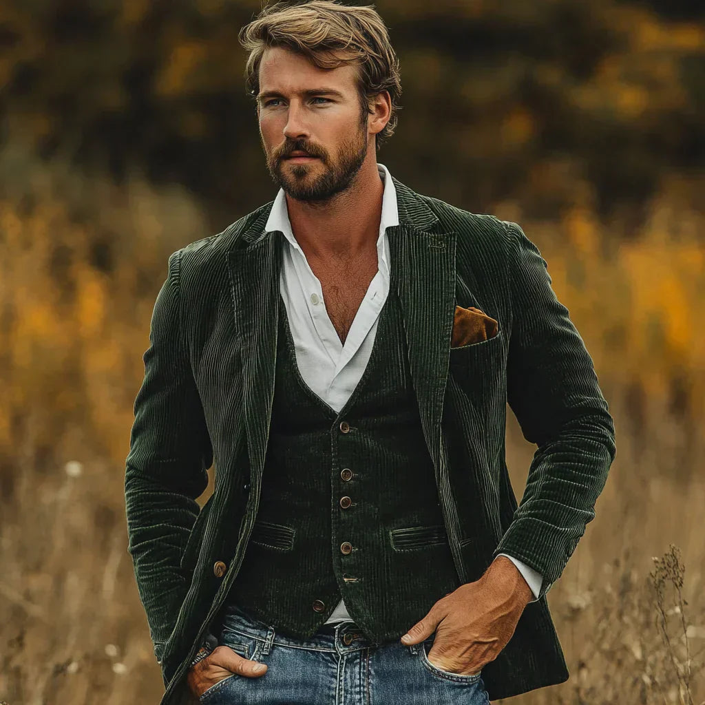 Retro men's suit set with a classic blazer and matching vest. Perfect sophisticated menswear for formal or casual events.