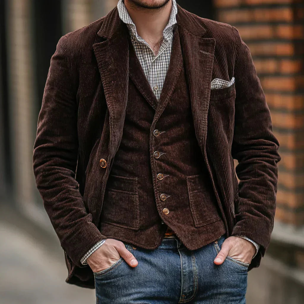Vintage men's smart casual set: classic blazer jacket & waistcoat vest. Sophisticated menswear for versatile formal wear.