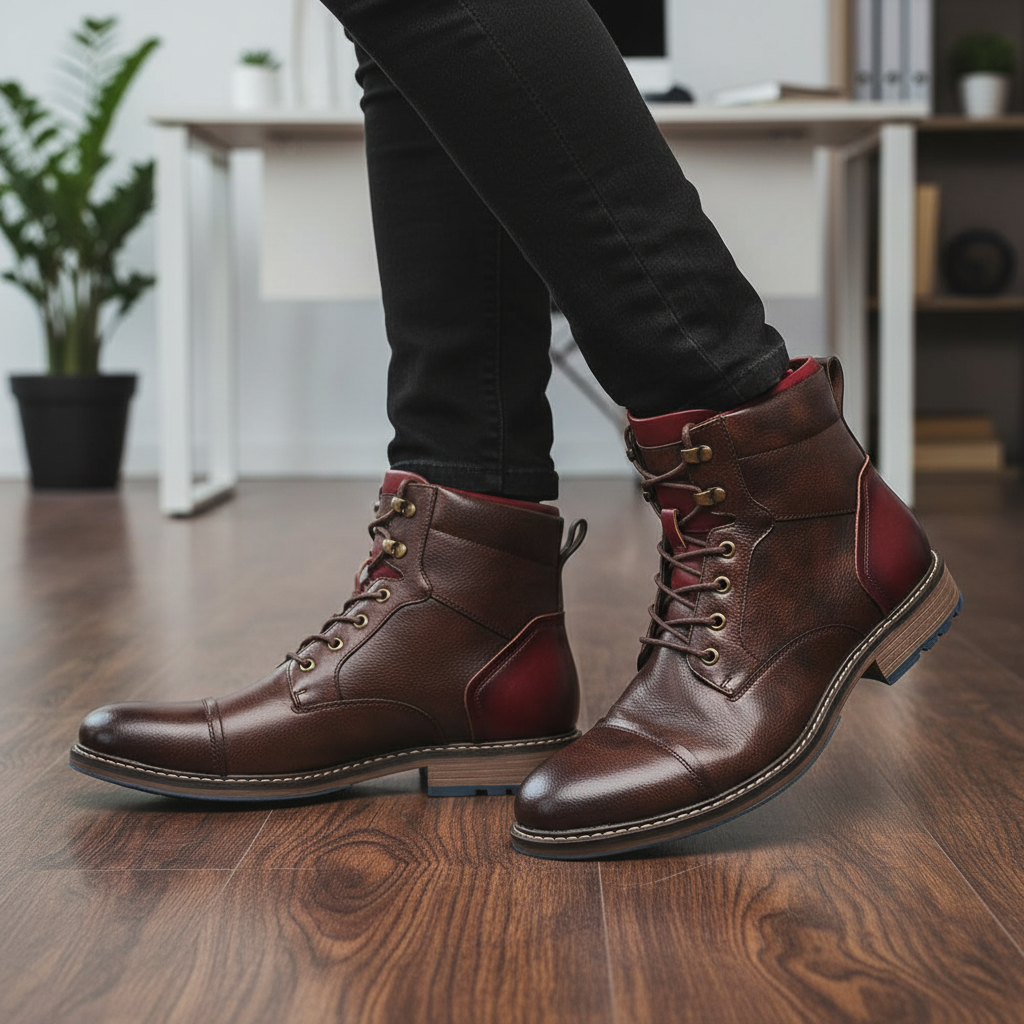 Men's classic vegan leather oxford boots, black, lace-up style, comfortable business casual footwear